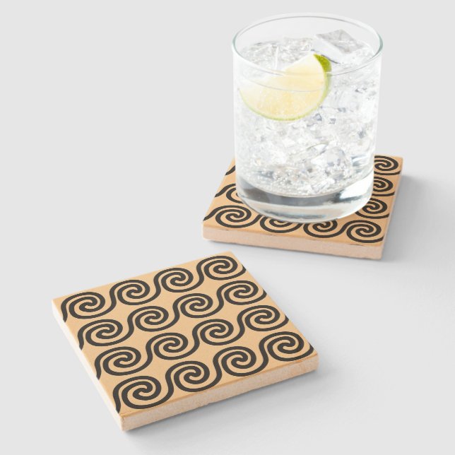 Greek Meander Key Waves Pattern Brown Stone Coaster (Side)