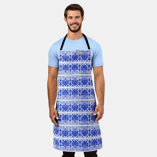Greek Mediterranean Arabesque Pattern Blue Apron (Worn)