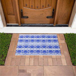 Greek Mediterranean Arabesque Pattern Blue Doormat