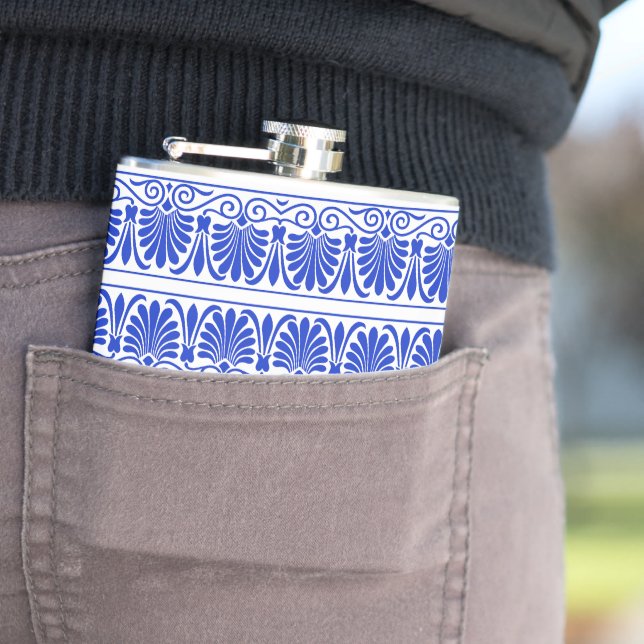 Greek Mediterranean Arabesque Pattern Blue Hip Flask (In Situ)
