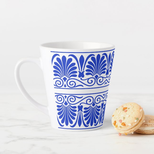 Greek Mediterranean Arabesque Pattern Blue Latte Mug (In Situ)