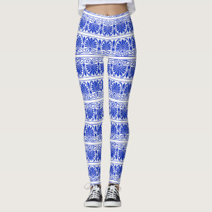 Greek Mediterranean Arabesque Pattern Blue Leggings