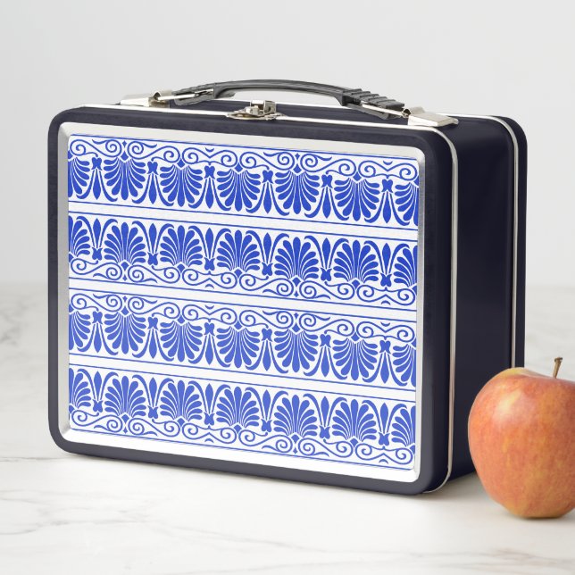 Greek Mediterranean Arabesque Pattern Blue Metal Lunch Box (In Situ)