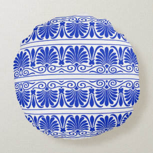 Greek Mediterranean Arabesque Pattern Blue Round Cushion