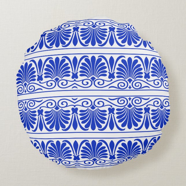 Greek Mediterranean Arabesque Pattern Blue Round Cushion (Back)