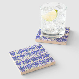 Greek Mediterranean Arabesque Pattern Blue Stone Coaster