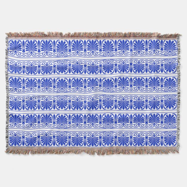 Greek Mediterranean Arabesque Pattern Blue Throw Blanket (Front)