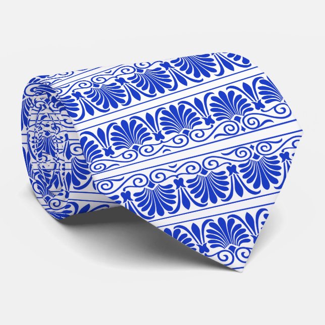 Greek Mediterranean Arabesque Pattern Blue Tie (Rolled)