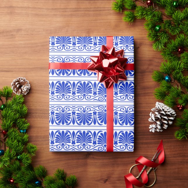 Greek Mediterranean Arabesque Pattern Blue Wrapping Paper (Holiday Gift)