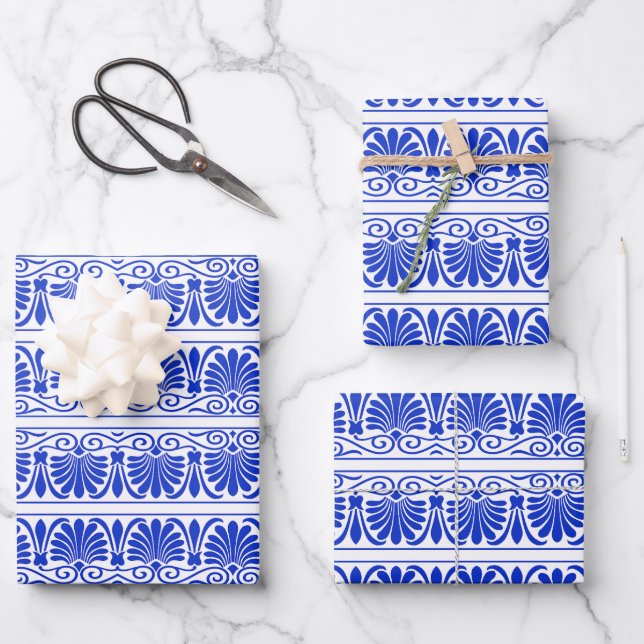 Greek Mediterranean Arabesque Pattern Blue Wrapping Paper Sheet (Front)