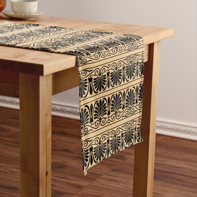 Greek Mediterranean Arabesque Pattern Brown Short Table Runner (In Situ)