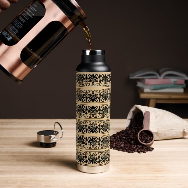 Greek Mediterranean Arabesque Pattern Brown Water Bottle (Coffee)
