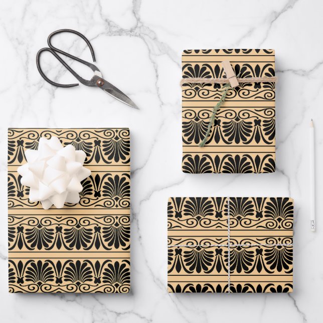 Greek Mediterranean Arabesque Pattern Brown Wrapping Paper Sheet (Front)