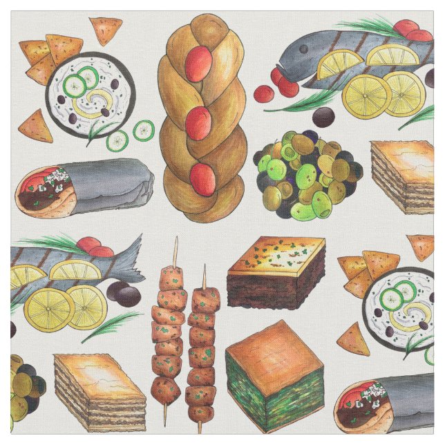 Greek Mediterranean Food Gyro Tzatziki Baklava Fabric (Close Up)