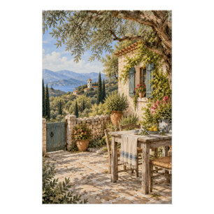 Greek Mediterranean Seaside Terrace Watercolor Poster