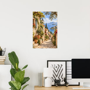 Greek Mediterranean Seaside Terrace Watercolor Poster