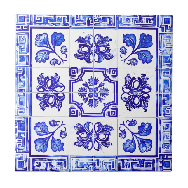 Greek mosaic: Cobalt and White Ceramic Tile (Front)