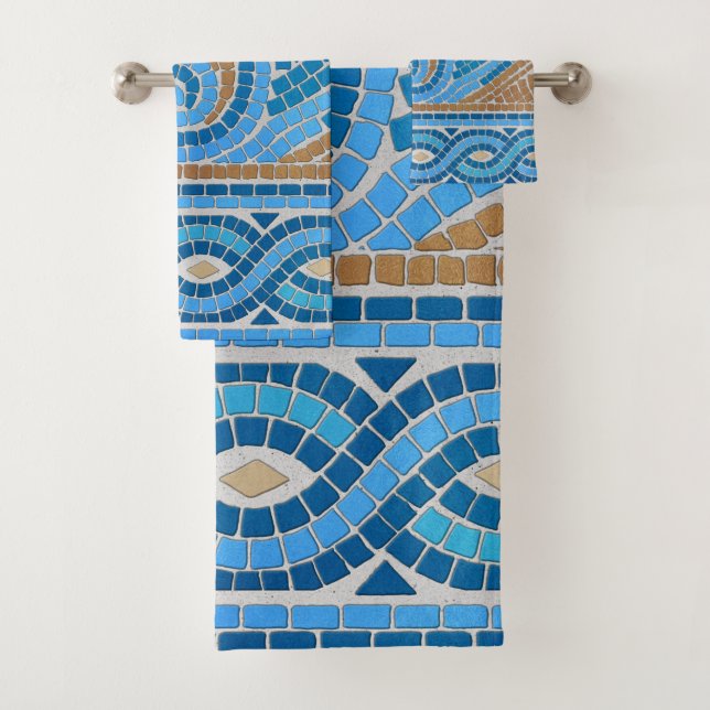 Greek Mosaic Tile Ornament Bath Towel Set (Insitu)