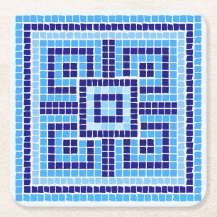Greek Mosaic Tile Ornament - Shades of Blue Square Paper Coaster