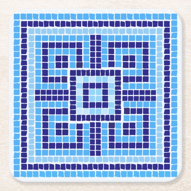 Greek Mosaic Tile Ornament - Shades of Blue Square Paper Coaster (Front)