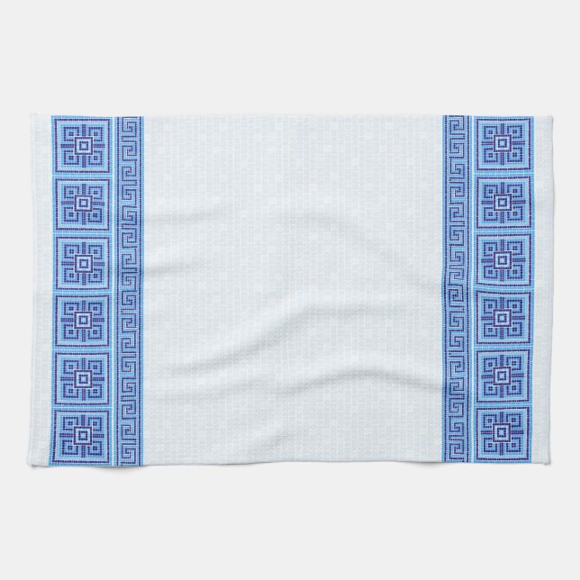 Greek Mosaic Tile Ornament - Shades of Blue Tea Towel (Horizontal)