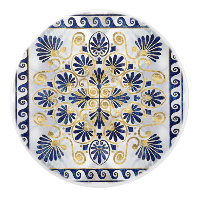 Greek Ornament Abalone Shell and Gold Ceramic Knob (Front)