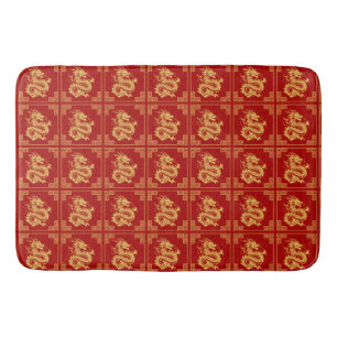 Greek Ornament Frame Gold Dragon Pattern Red  Bath Mat