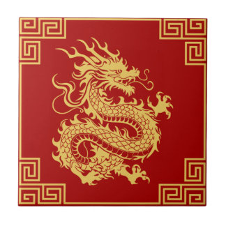 Greek Ornament Frame Gold Dragon Pattern Red Ceramic Tile