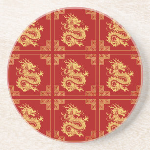 Greek Ornament Frame Gold Dragon Pattern Red Coaster