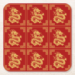 Greek Ornament Frame Gold Dragon Pattern Red  Square Paper Coaster