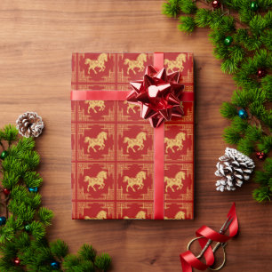 Greek Ornament Frame Golden Horse Pattern Red Wrapping Paper