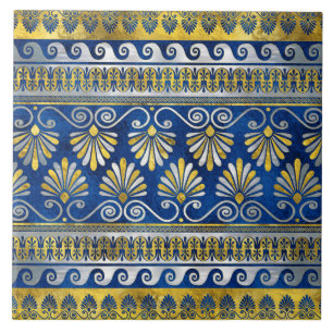 Greek Ornament with Meander Key Blue gemstone Ceramic Tile