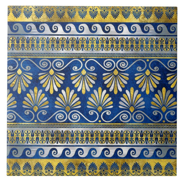 Greek Ornament with Meander Key Blue gemstone Ceramic Tile (Front)