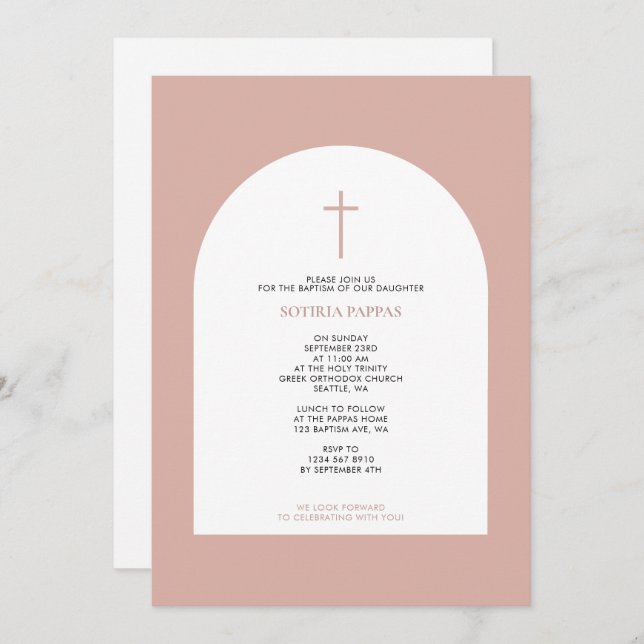 Greek Orthodox Christening Baptism Girl Pink Arch  Invitation (Front/Back)
