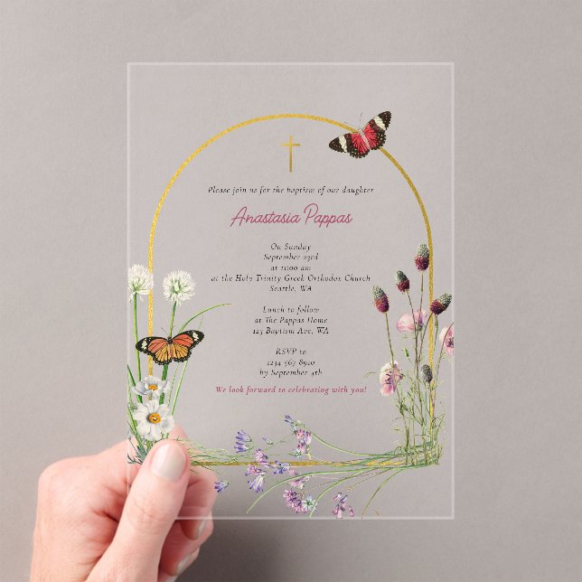 Greek Orthodox Christening Baptism Girl Wildflower Acrylic Invitations (Insitu (Handheld))