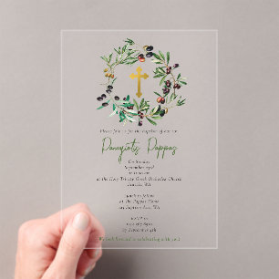 Greek Orthodox Christening Baptism Olives Greenery Acrylic Invitations