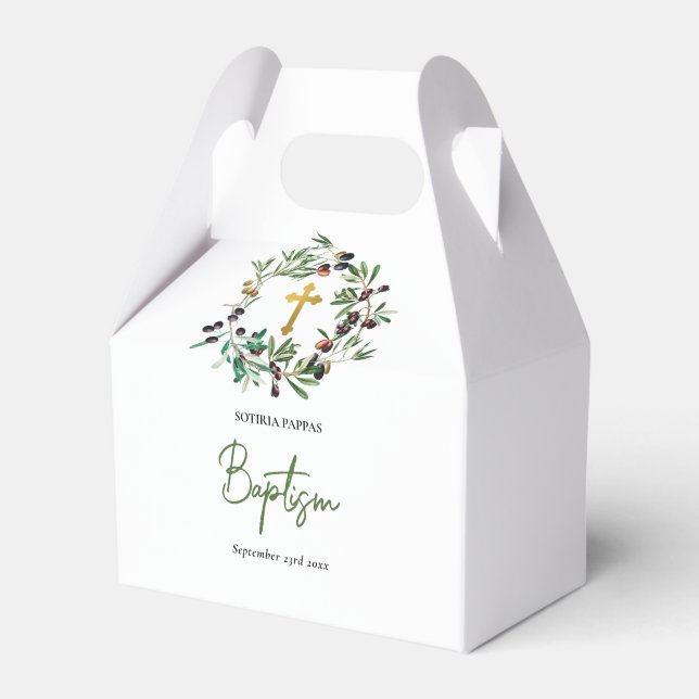 Greek Orthodox Christening Baptism Olives Greenery Favour Box (Front Side)