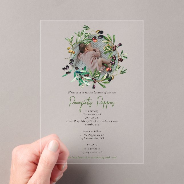 Greek Orthodox Christening Baptism Olives Photo Acrylic Invitations (Insitu (Handheld))