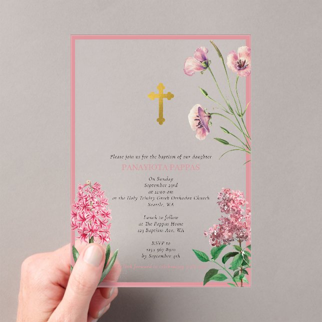 Greek Orthodox Christening Baptism Pink Floral Acrylic Invitations (Insitu (Handheld))