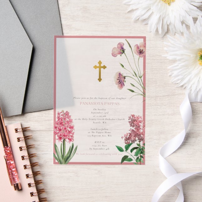 Greek Orthodox Christening Baptism Pink Floral Vellum Invitations (Wedding)