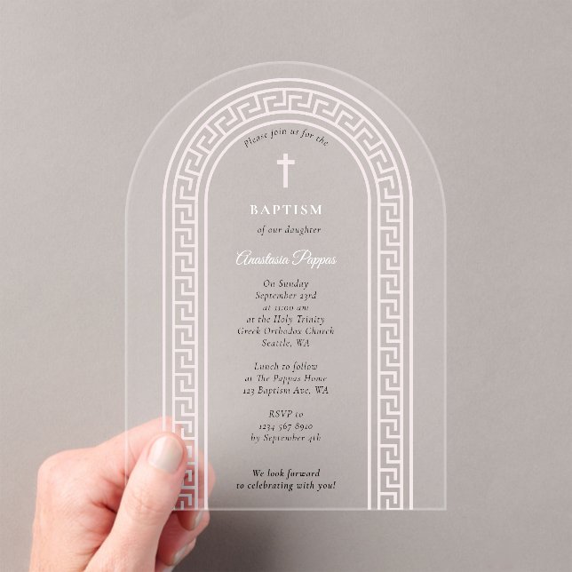 Greek Orthodox Christening Baptism Pink Greek Key  Acrylic Invitations (Insitu (Handheld))