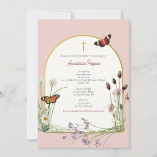 Greek Orthodox Christening Baptism Pink Wildflower Invitation