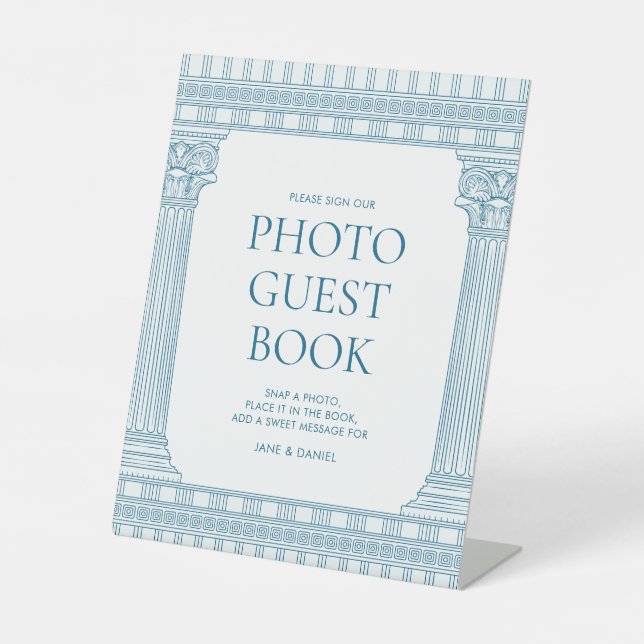 Greek party photo guest book with blue temple pedestal sign (Front)