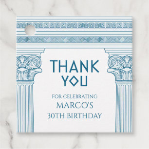 Greek Party with blue columns Thank you Favour Tags