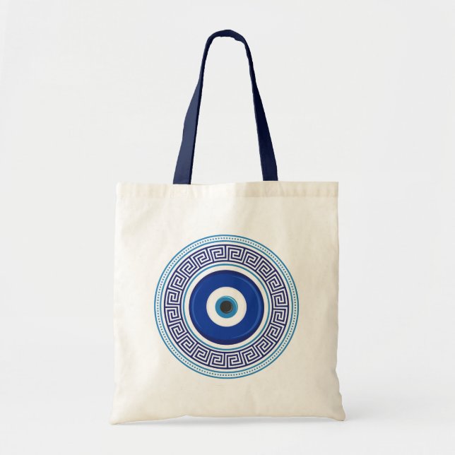 Greek Pattern Evil Eye Nazar Tote Bag (Front)