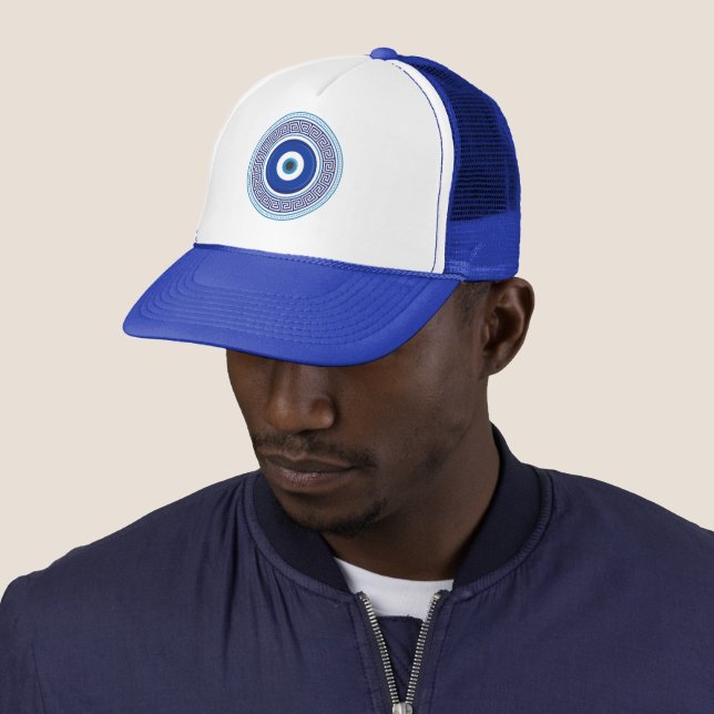 Greek Pattern Evil Eye Nazar Trucker Hat (In Situ)