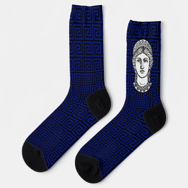 Greek Pattern in Blue & Black Crew Socks (Left)