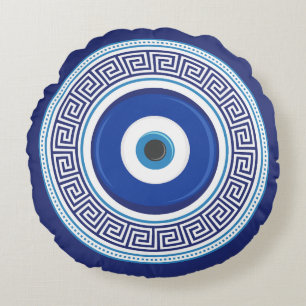 Greek Pattern Nazar Amulet Round Cushion