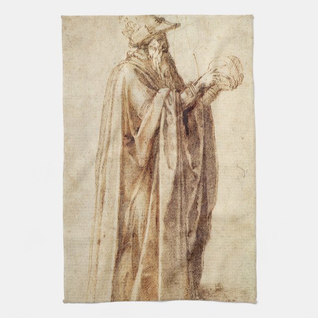 Greek Philosopher with Human Skull by Michelangelo Tea Towel (Vertical)