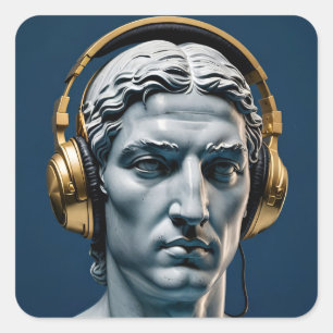 Greek Roman Marble Statue DJ – Gold Headphones Square Sticker